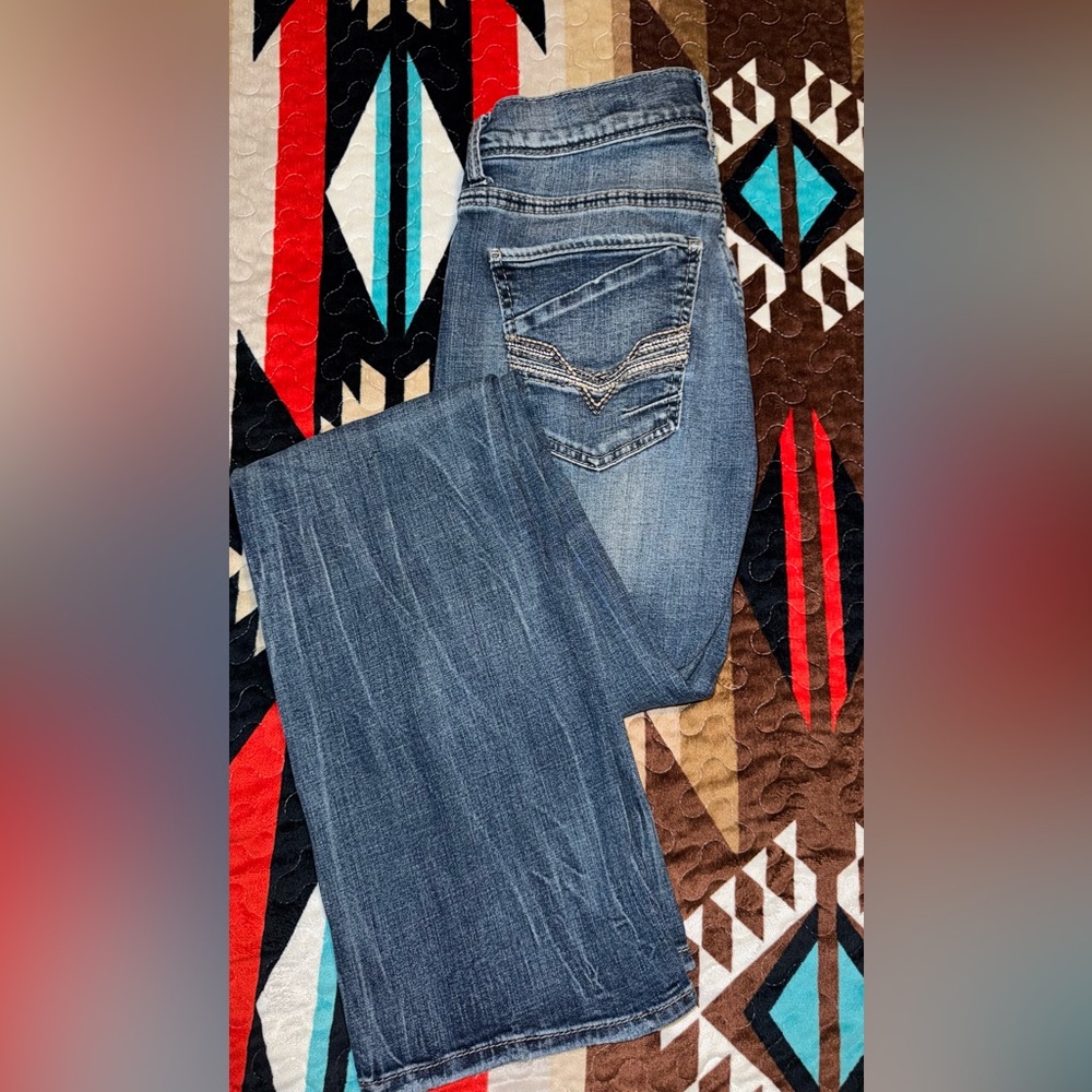BKE Blue Bootcut Jeans with Embroidered Pockets
